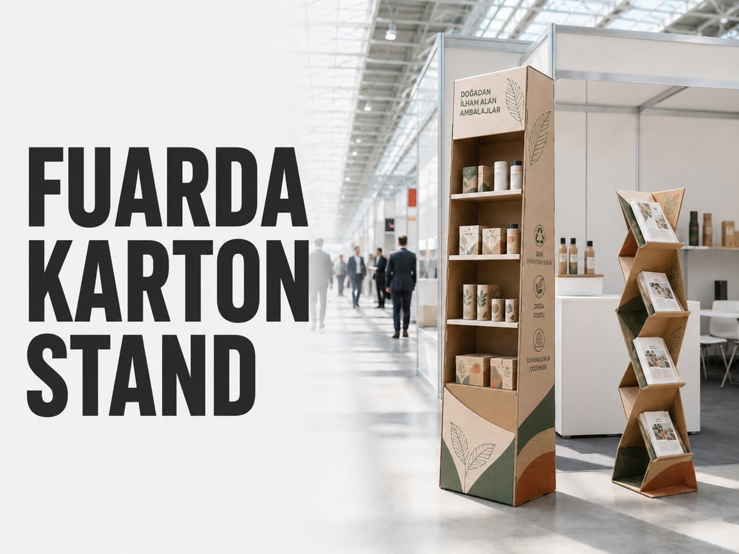 Fuar alanında broşürlük ve numune teşhiri için kurulmuş baskılı fuar karton stand