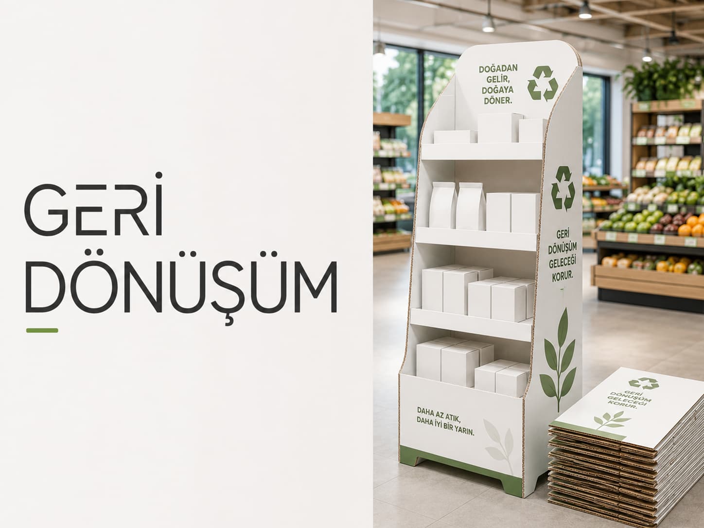 Market ortamında jenerik ürünler sergileyen geri dönüşümlü karton stand ve kraft dokulu sürdürülebilir teşhir düzeni