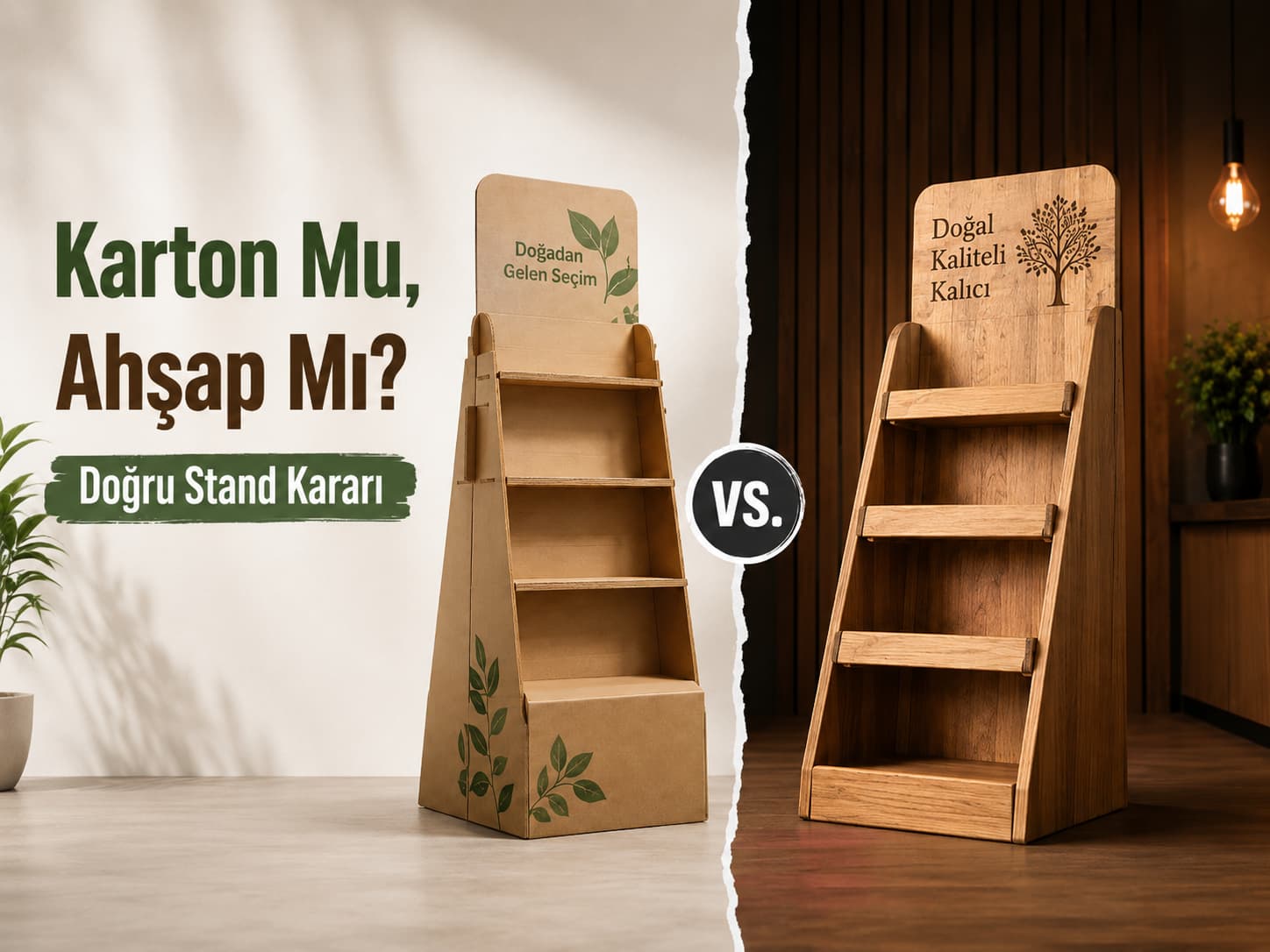 Karton stand ile ahşap standı karşılaştıran teşhir görseli