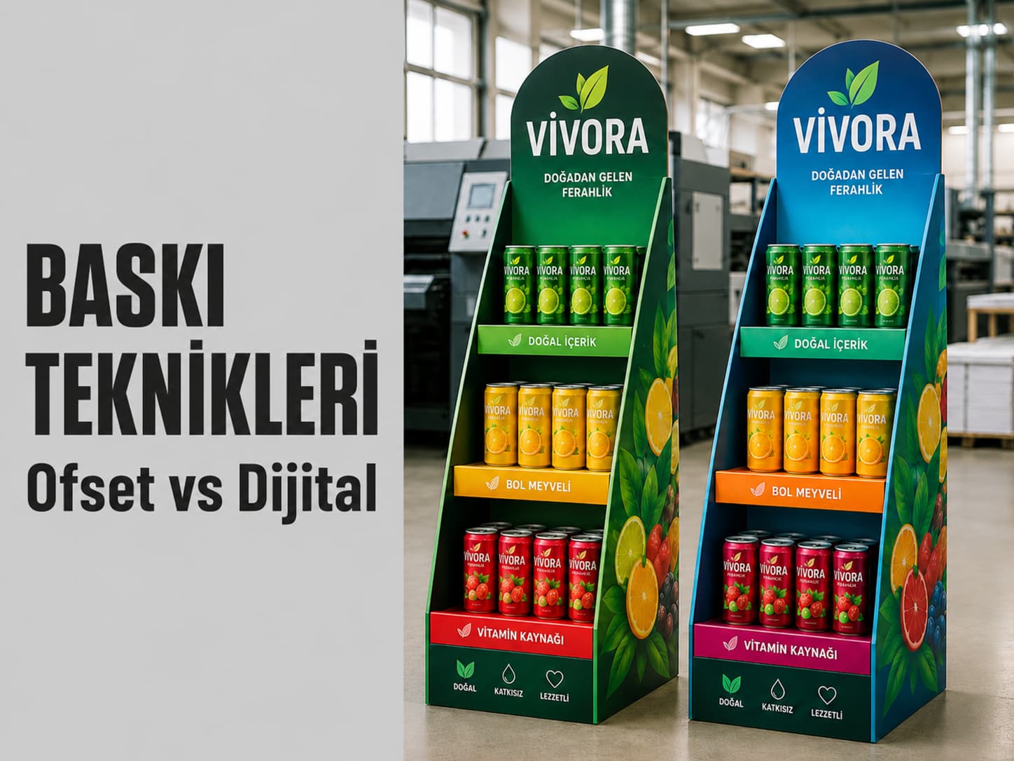 Karton stand üzerinde ofset ve dijital baskı tekniklerini karşılaştıran baskılı teşhir standı
