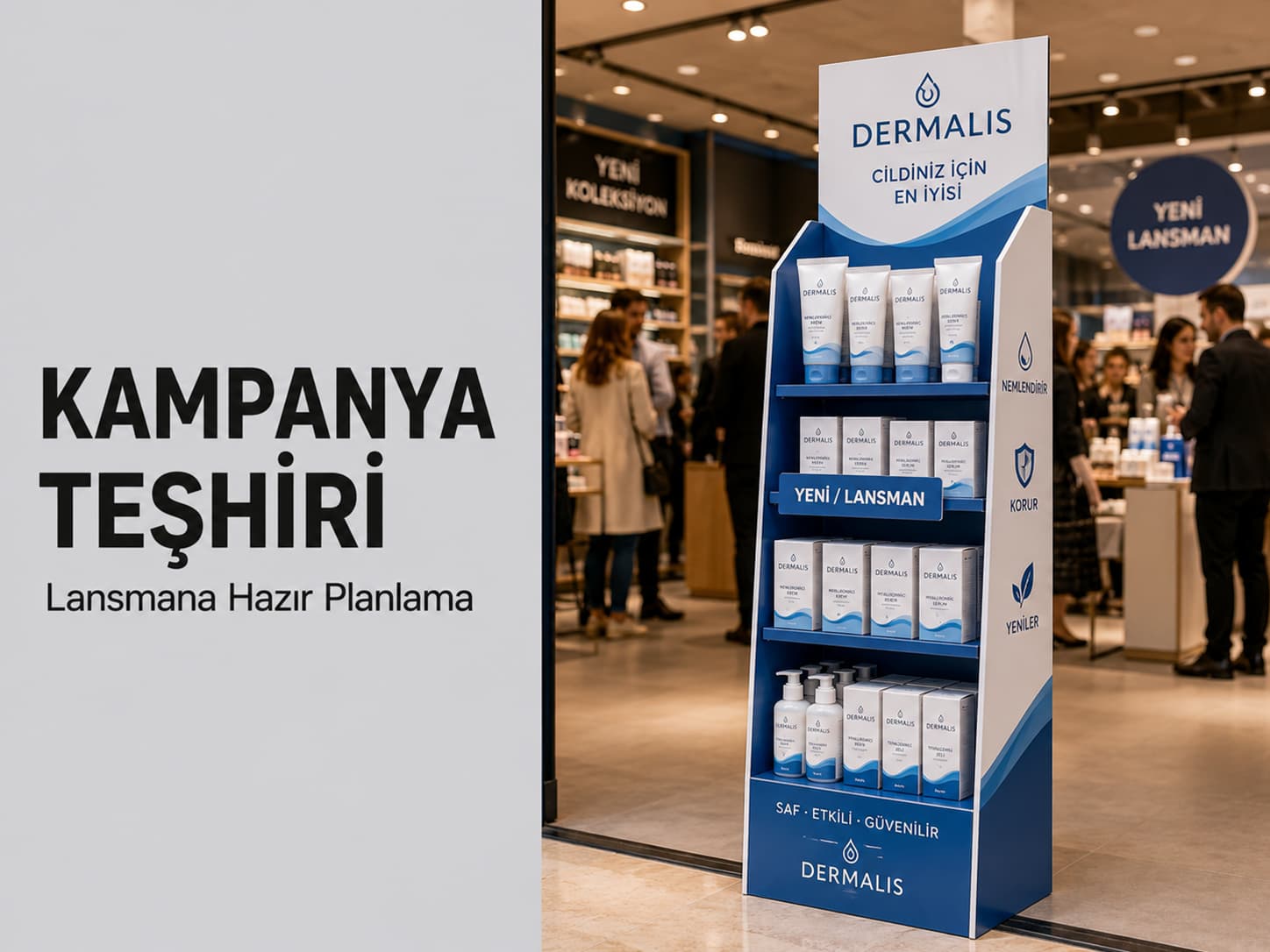 Ürün lansmanı ve kampanya dönemi için mağazaya yerleştirilmiş dikkat çekici karton teşhir standı