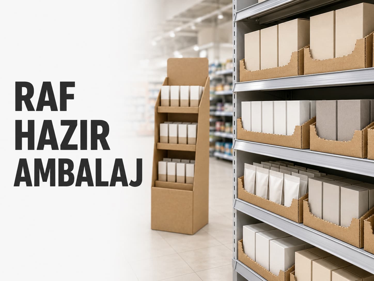 Market rafında ön yüzü açılmış raf hazır ambalaj kutuları ve yanında baskılı karton teşhir standı
