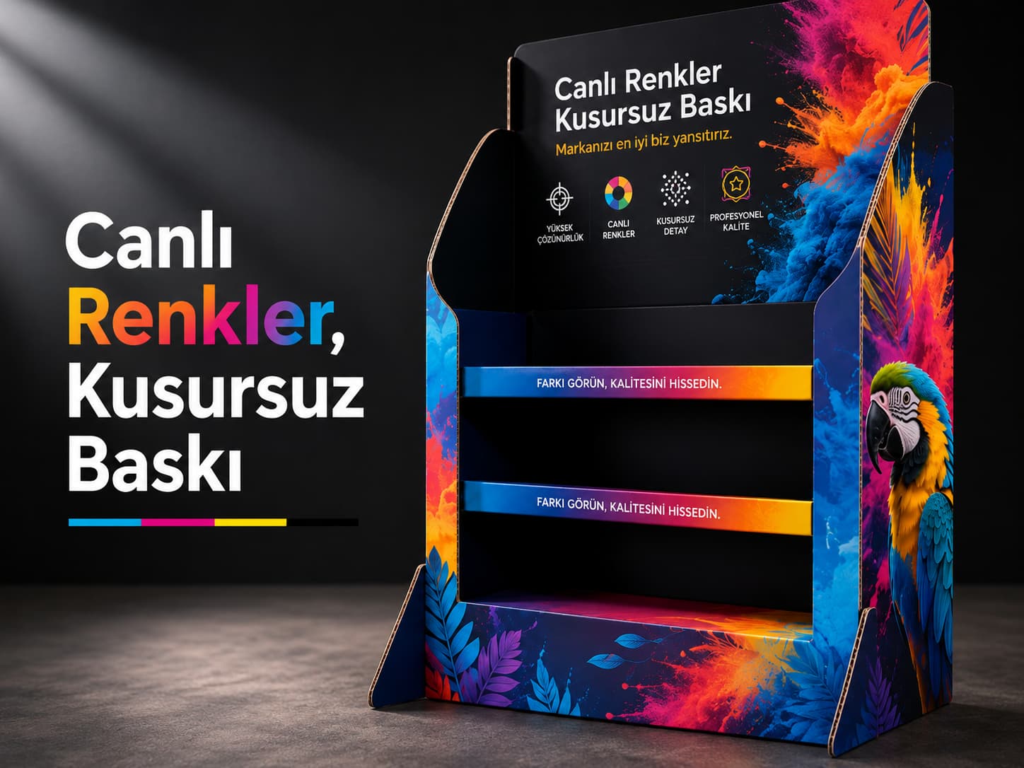Marka kimliğine özel baskılı karton stand örneği