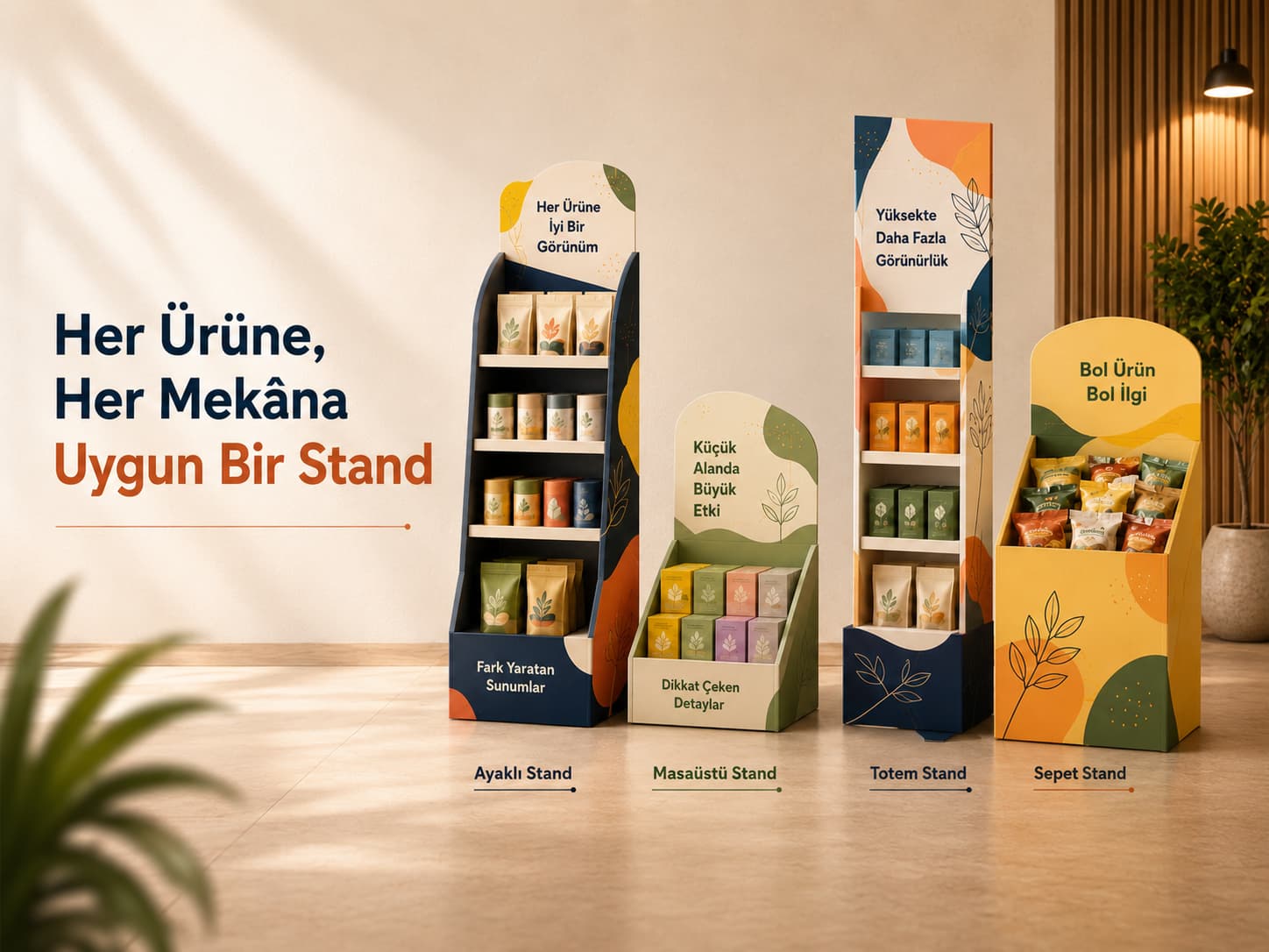 Ayaklı, masaüstü, palet, raflı, totem, sepet ve kutu karton stand modelleri