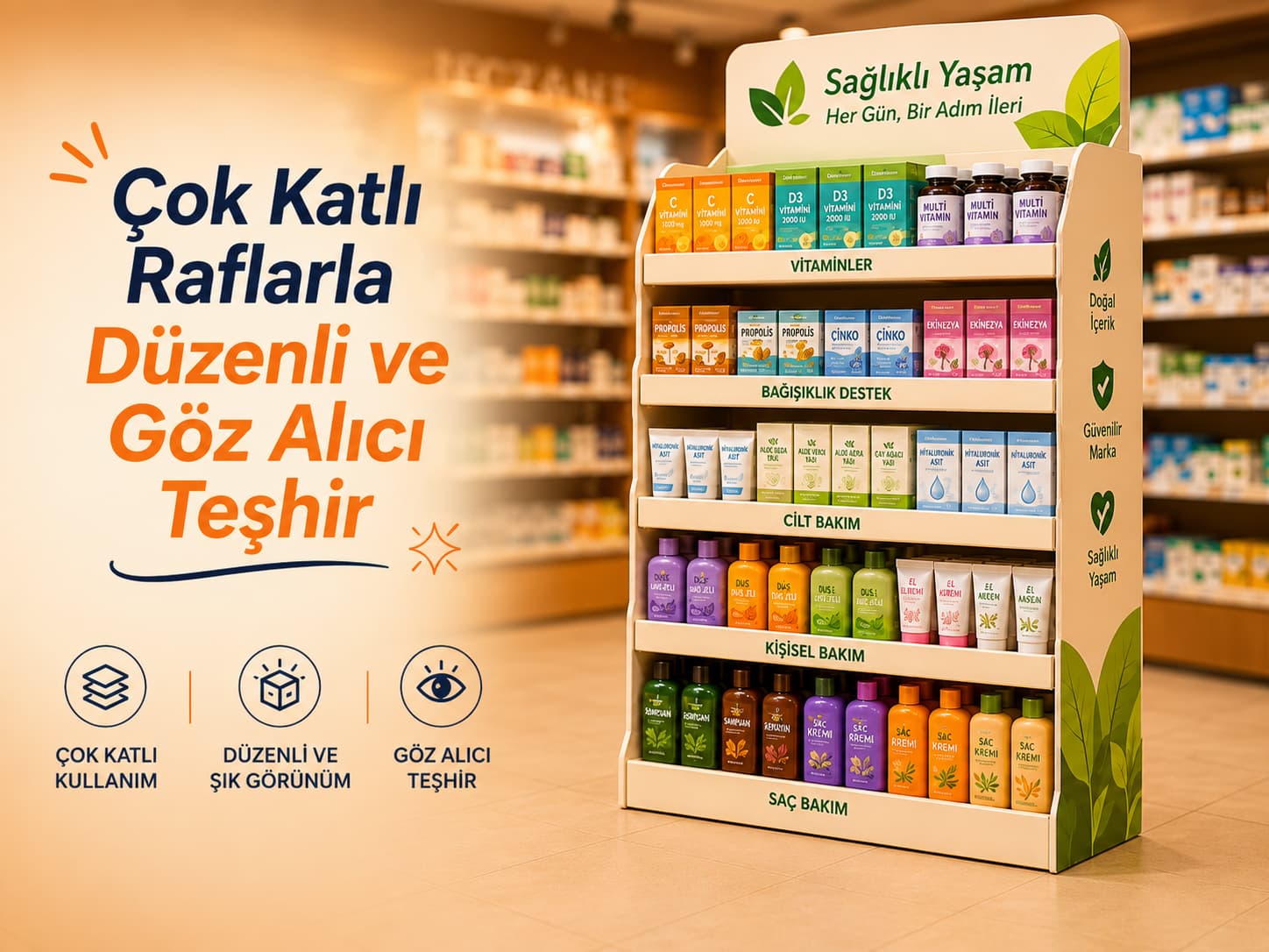 Raflı karton stand (çok katlı raf teşhiri) örneği