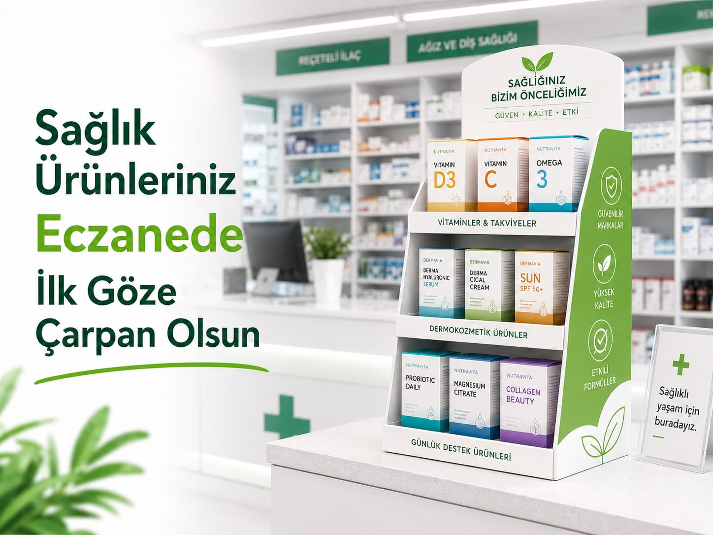Eczane reyonunda ürün tanıtımı için karton teşhir standı