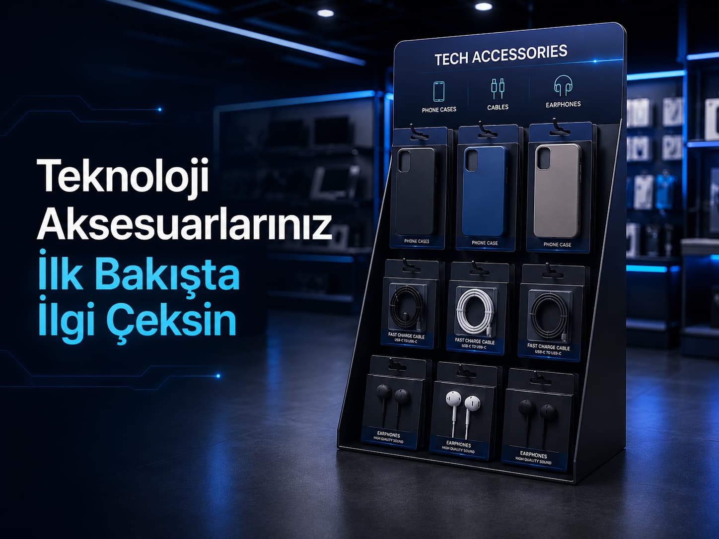 Telefon aksesuarı ve elektronik ürünler için raflı karton teşhir standı