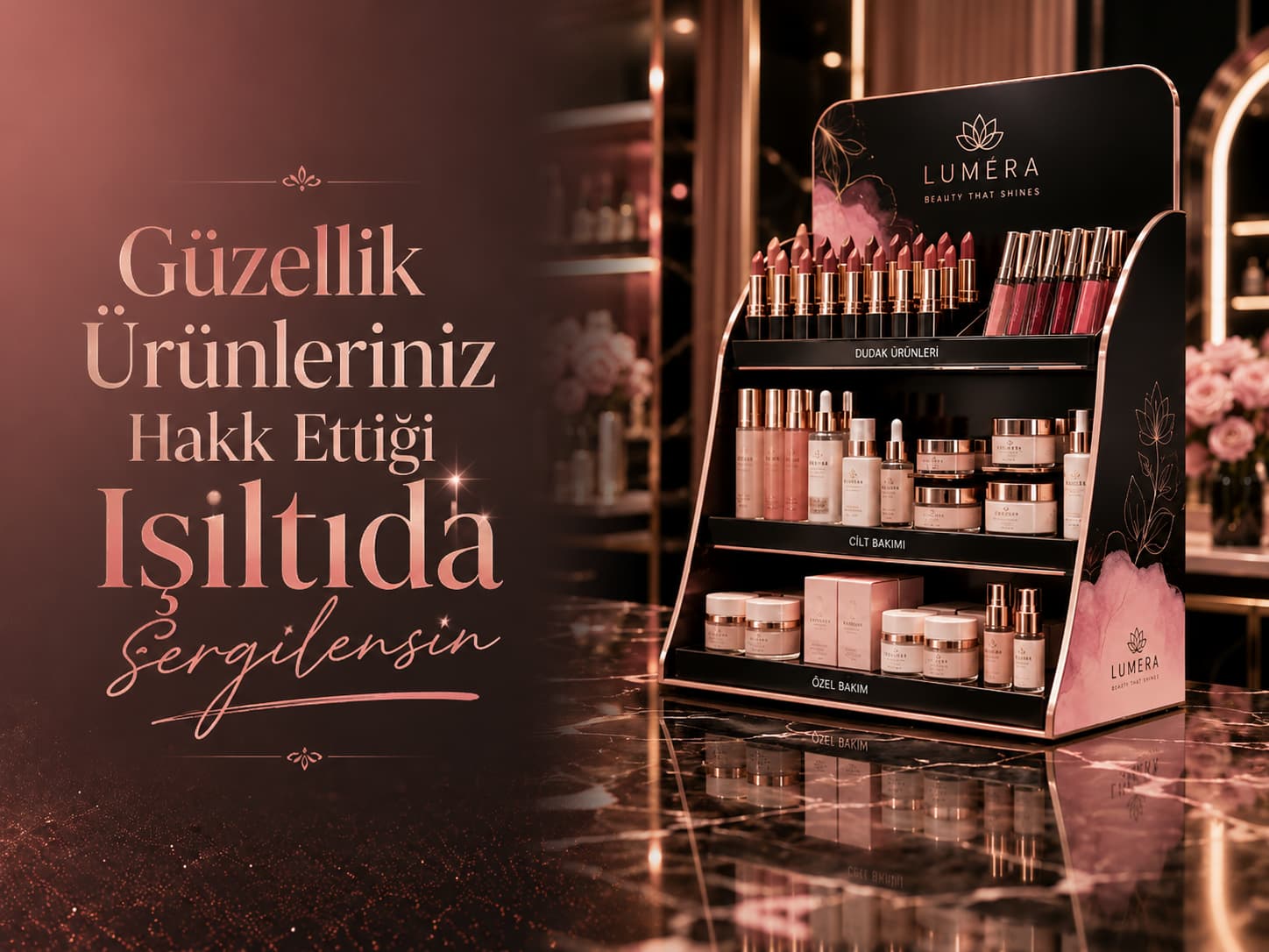 Kozmetik ve parfüm ürünleri için şık karton teşhir standı