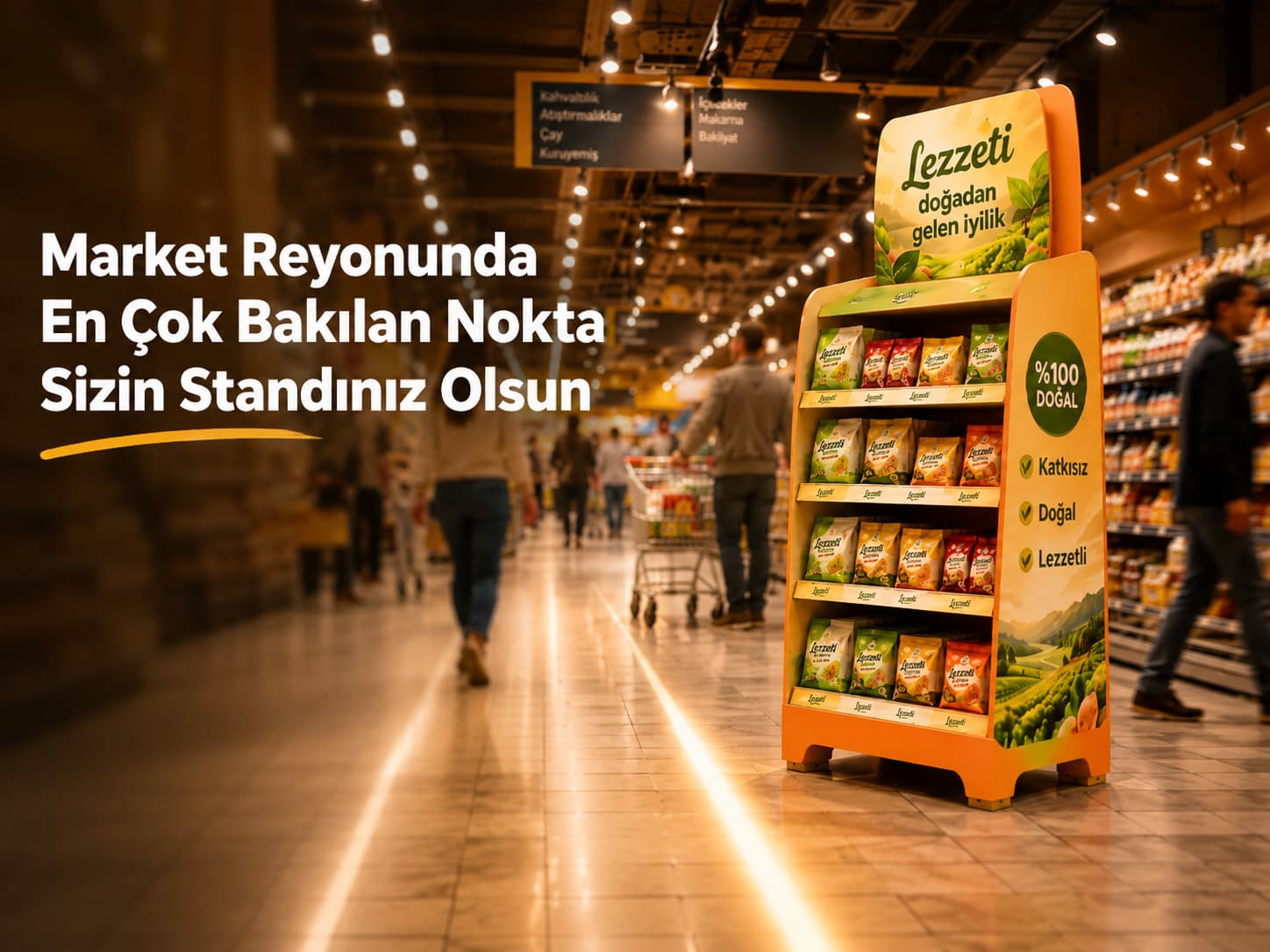 Market reyonunda ürün teşhiri için dayanıklı karton stand
