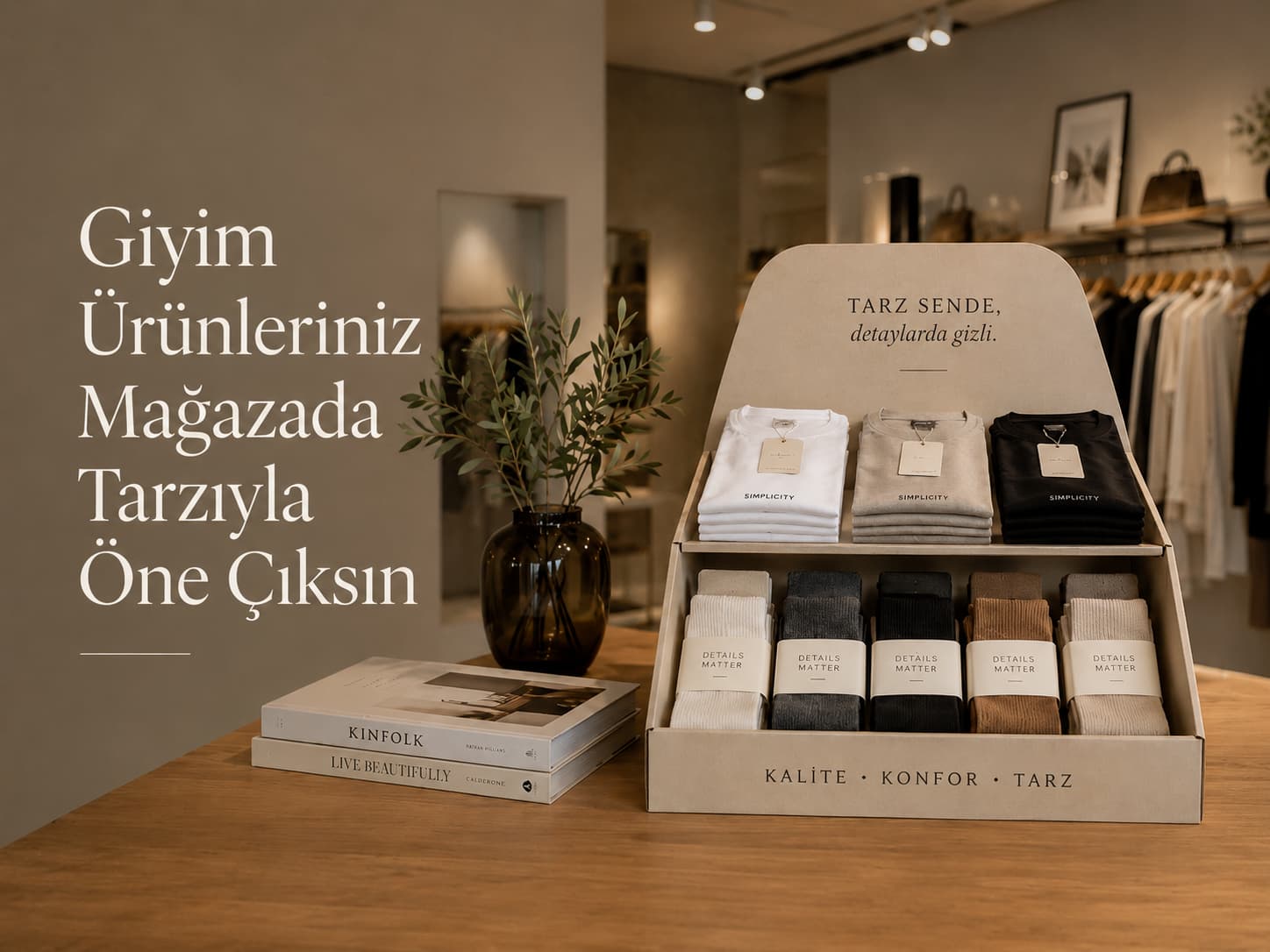 Tekstil ve giyim ürünleri için karton teşhir standı