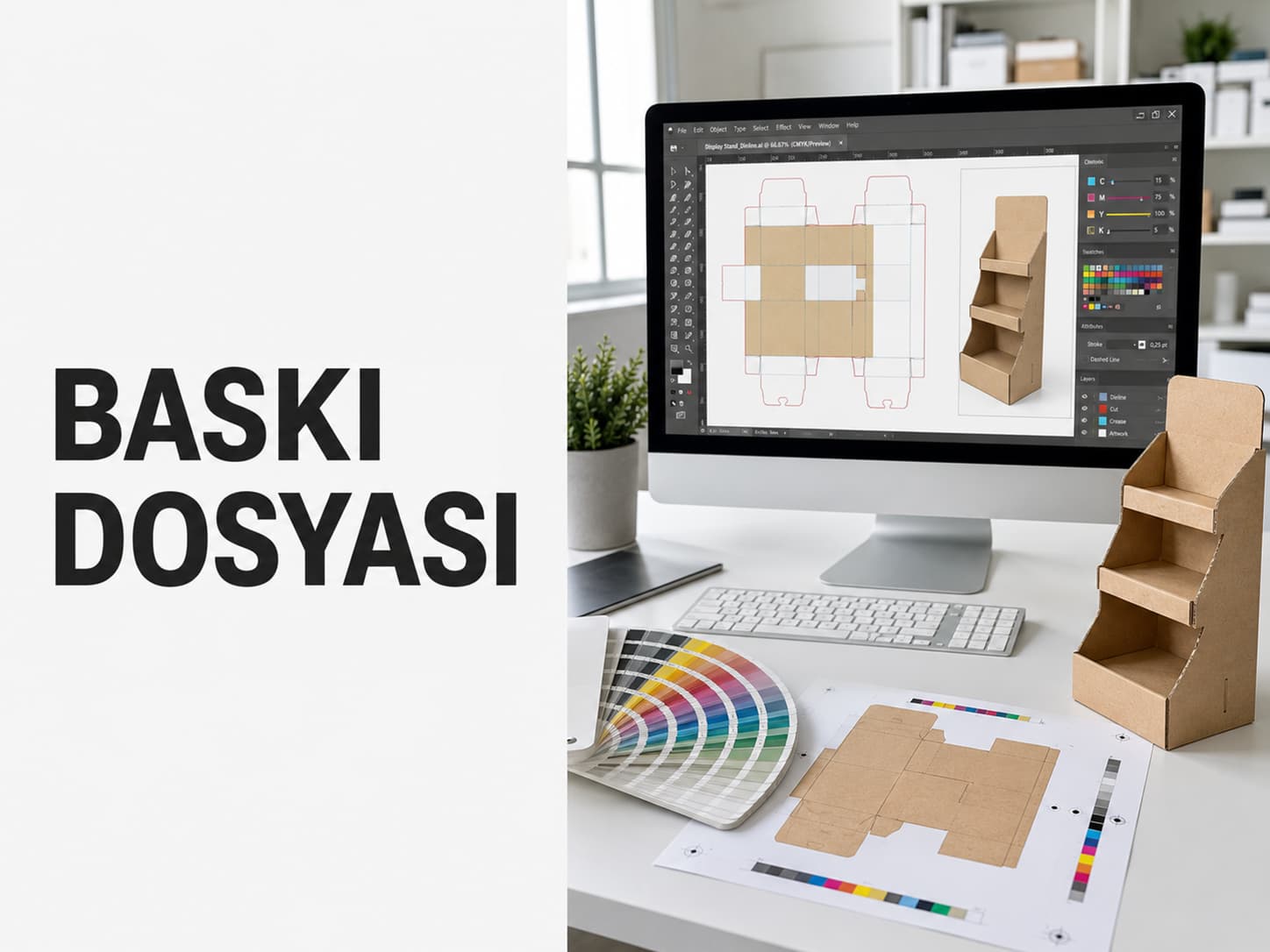 Baskıya dosya hazırlama sürecinde ekranında CMYK renk kanalları ve bıçak izi açık tasarım programıyla çalışan grafik tasarımcı masası, yanında baskılı kraft stand prototipi