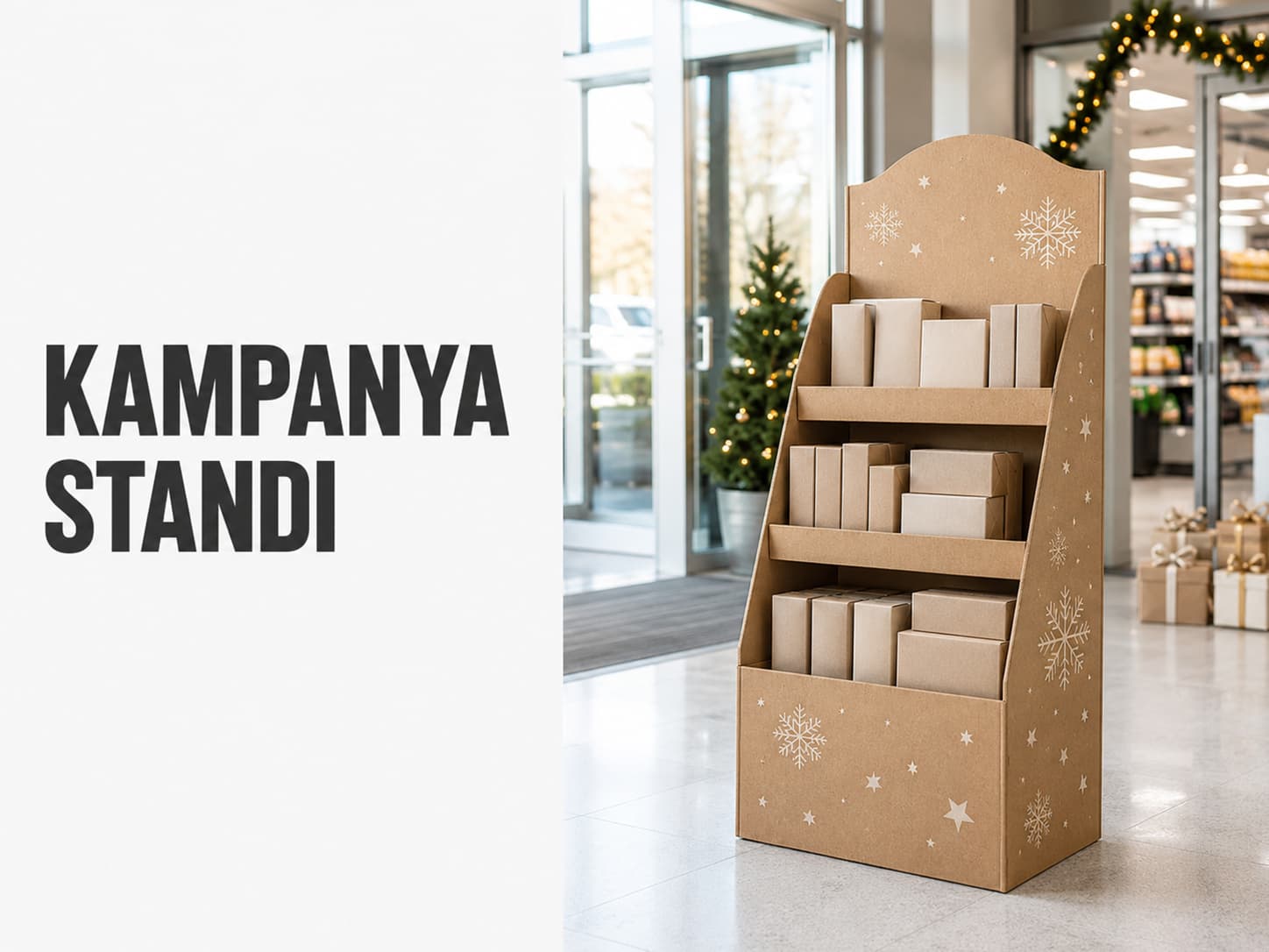 Market girişinde yılbaşı temalı baskılı karton kampanya standı ve sezonluk teşhir düzeni
