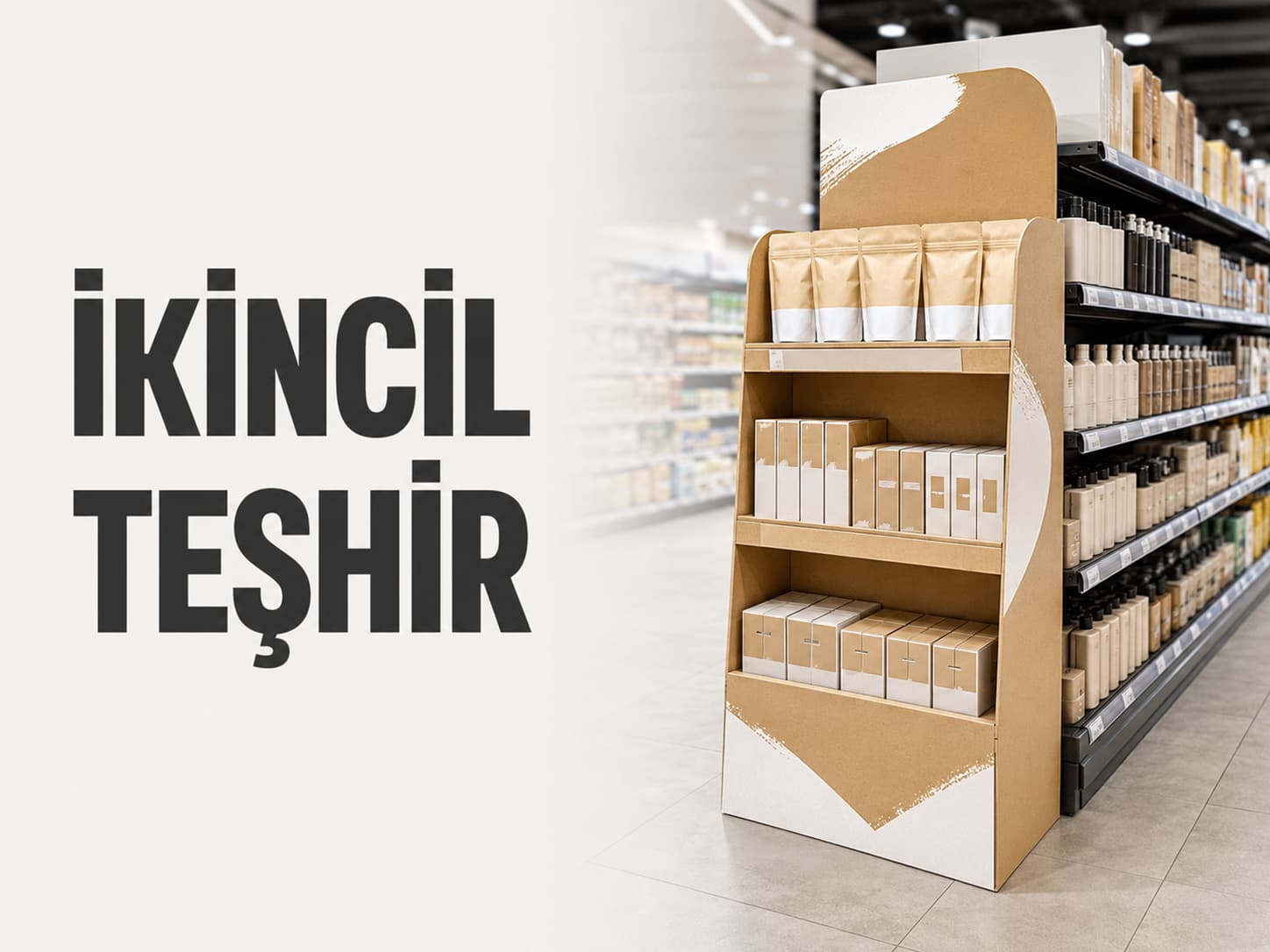 Market koridorunda gondol başına yerleştirilmiş, ürün dolu ikincil teşhir amaçlı karton stand