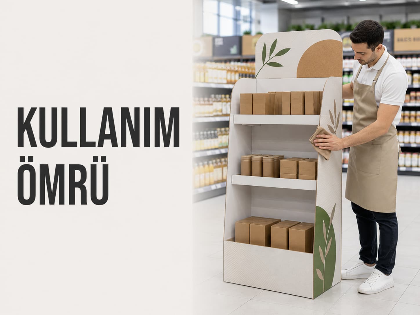 Mağaza reyonunda kampanya boyunca formunu koruyan baskılı karton stand ve yüzey bakımı yapan mağaza görevlisi