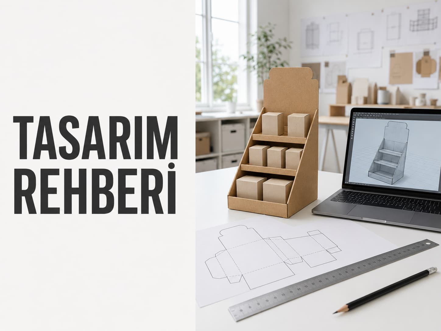 Karton stand tasarımı sürecinde bıçak izi çizimi ve kraft prototip üzerinde çalışan tasarımcı masası