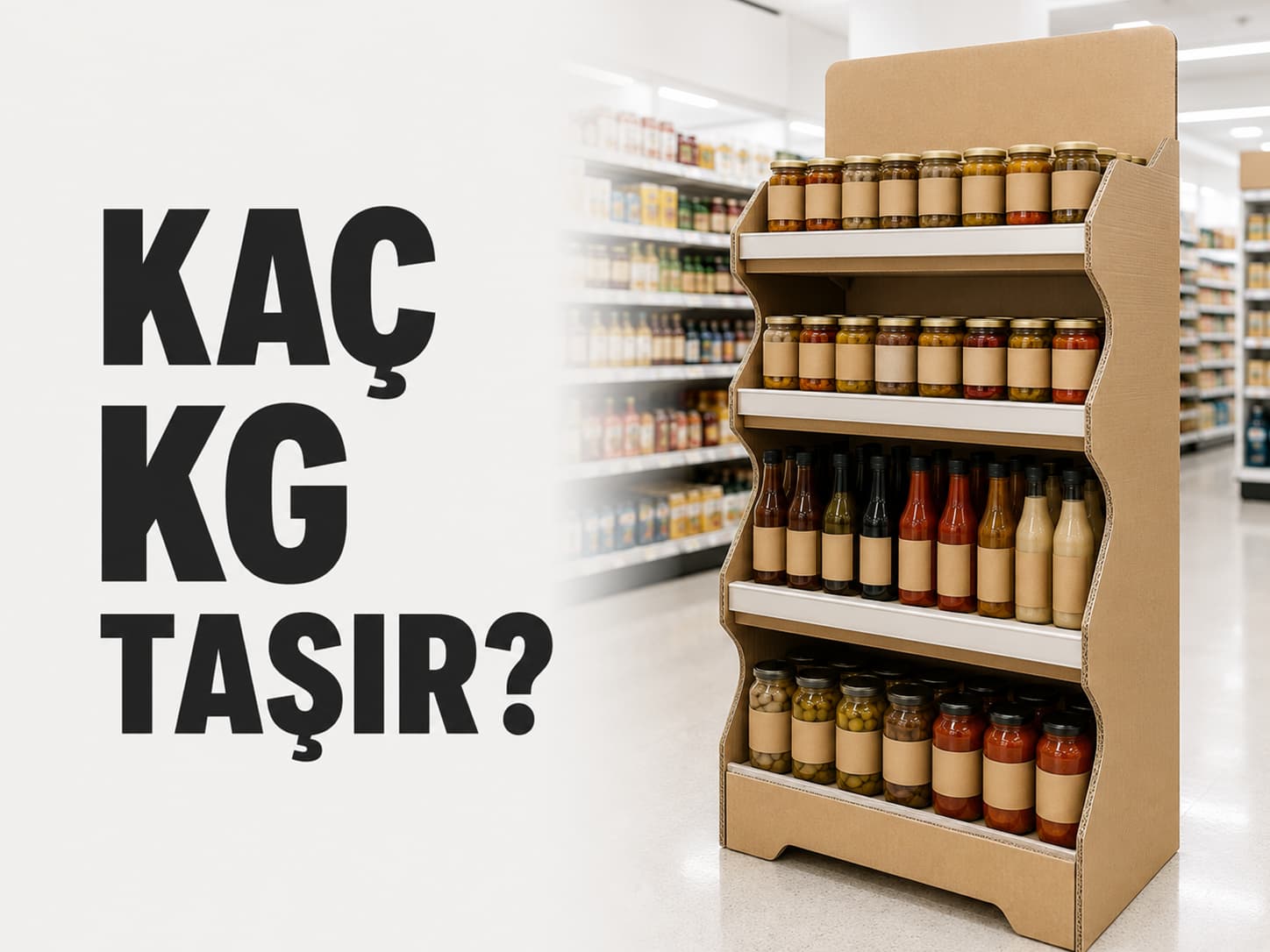 Raflarında cam kavanoz ve şişe ürünler taşıyan dayanıklı raflı karton stand — karton stand taşıma kapasitesi