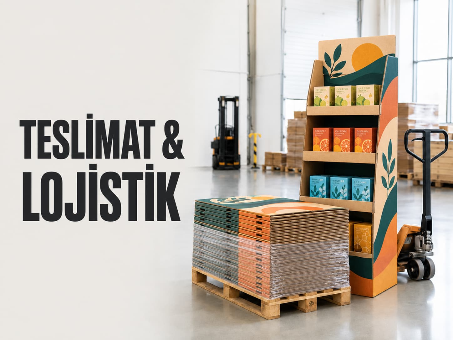 Depoda palet üzerine yassı paketlenmiş flat-pack karton standların teslimata hazırlanması