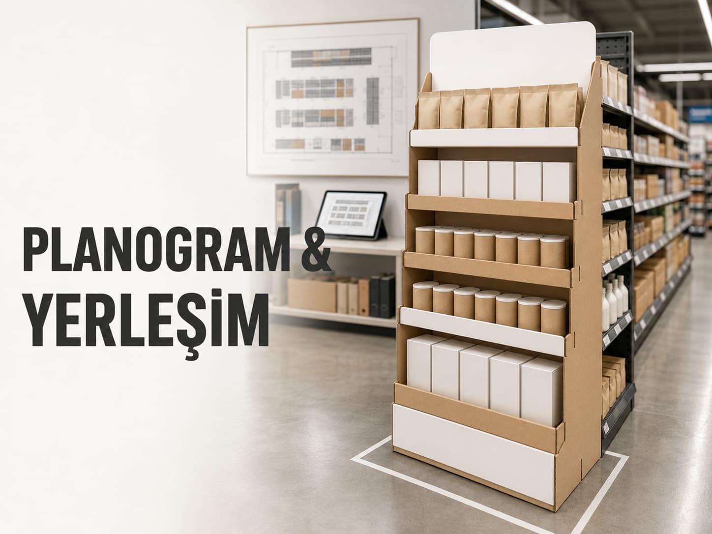 Market koridorunda gondol başında zemine işaretli yerleşim alanına oturmuş jenerik ürünlü kraft karton stand ve arka planda planogram çizimi
