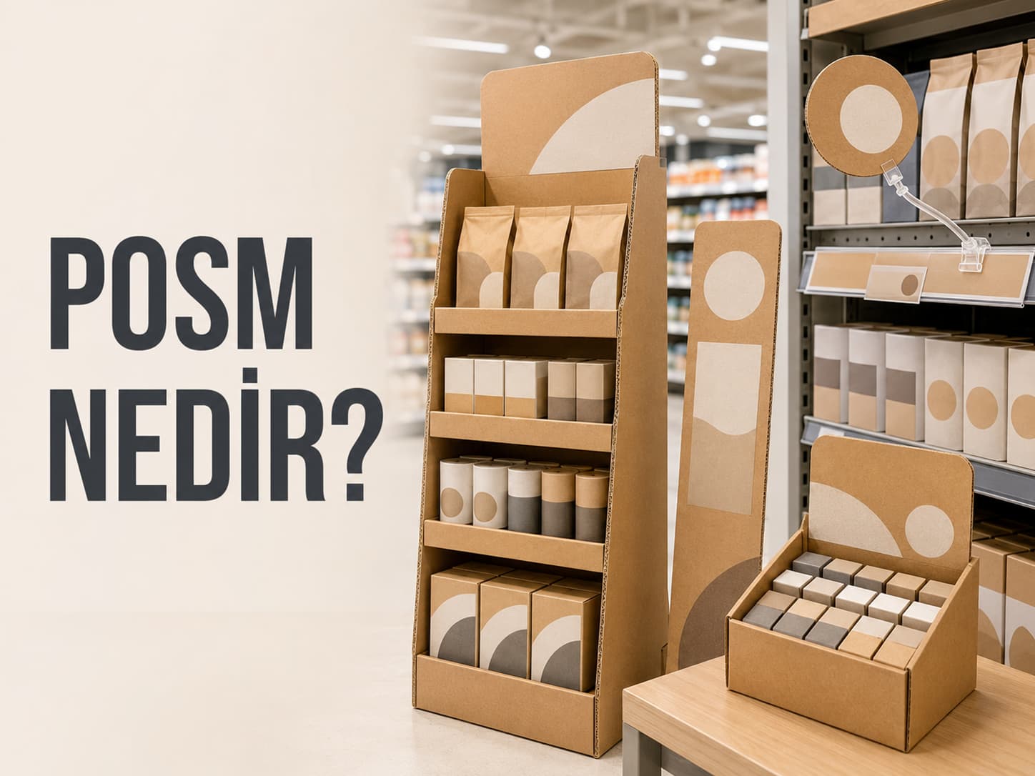 Market ortamında karton stand, raf konuşturucu, wobbler ve totem gibi POSM malzemelerinin bir arada sergilendiği satış noktası