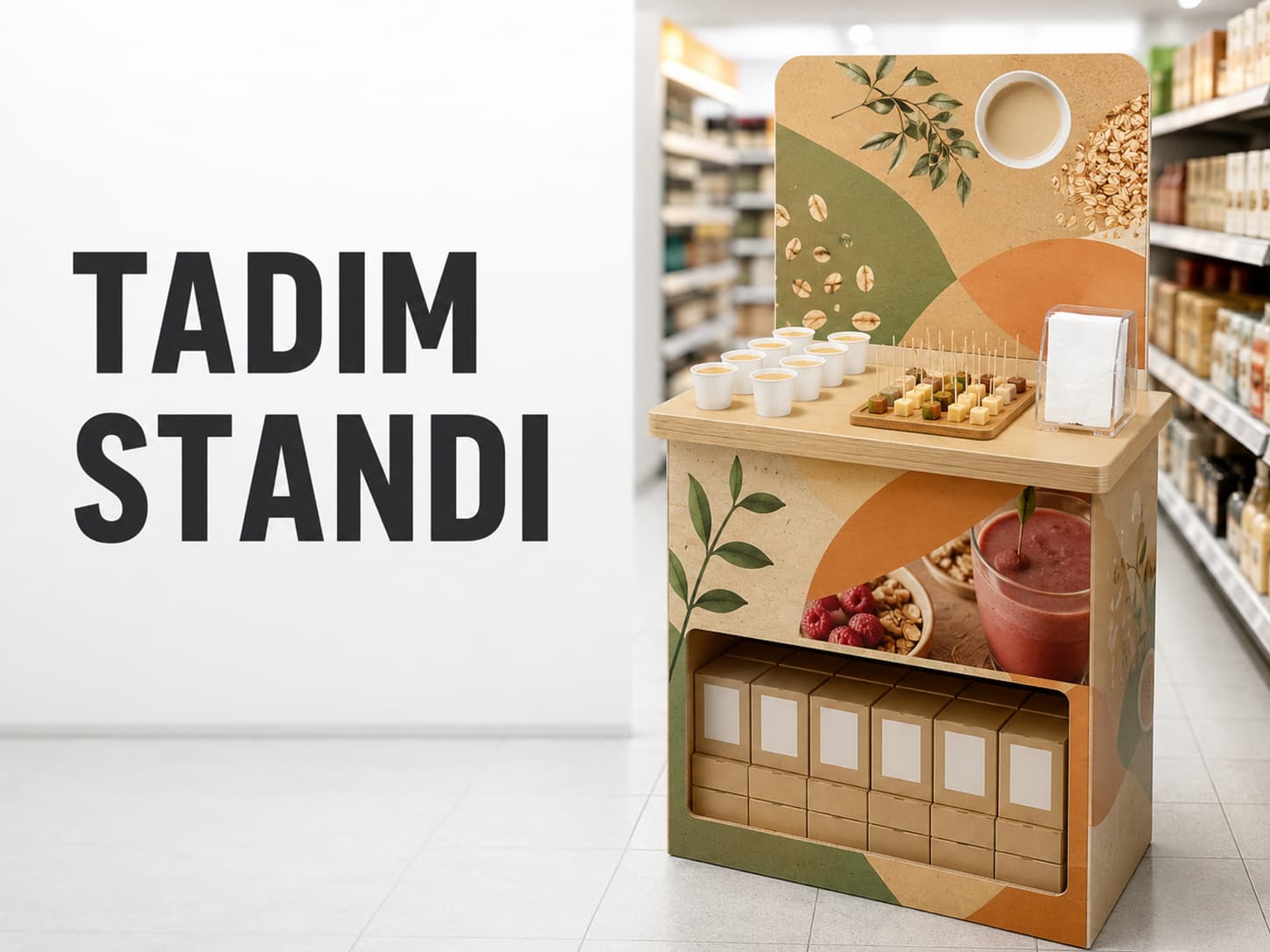 Zincir market koridorunda üzerinde numune bardakları dizili baskılı karton tadım standı